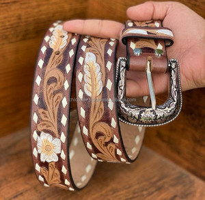 Best Selling Beautifully Hand Tooled Leather Flowers & Feather Buck Stitch <b>Belt</b> Western Genuine Leather <b>Belt</b> for Men and Women - Product Image 6