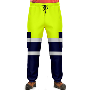 Pantalons de travail de classe 2 à haute visibilité jaunes et bleu marine avec bandes réfléchissantes, design personnalisé pour hommes - Product Image 1