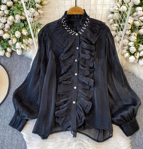 Chemisier vintage pour femme avec volants, col Peter Pan, manches ballon, superposition transparente, coupe ample, haut printemps-été - Product Image 1