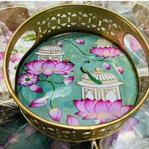 Plateau de service décoratif artisanal Lotus Paon, élégant plateau à poignée métallique, plateau artistique floral Lotus, décoration traditionnelle indienne pour la maison - Product Image 2