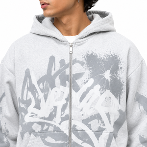 Men Oversized Gray Cotton Fleece Zip-Up Hoodies Spray <b>Paint</b> Print Streetwear Style Regular Fit Autumn Winter Custom Manufacturer - Product Image 4