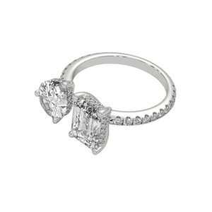 Bague ajustable en argent sterling 925 avec halo de moissanite, style Toi et Moi, et diamants taille poire et émeraude, type cocktail - Product Image 3