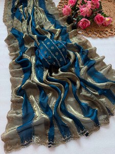 Sari en soie Royal Jarkhan fait main avec 9 patta et bordure ajourée, collection de luxe pour femmes, sari fantaisie de créateur - Product Image 2