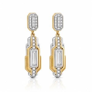 Boucles d'oreilles pendantes géométriques en or massif 18 carats avec diamants taille baguette sertis en canal, bijoux de luxe pour femme pour mariage - Product Image 5