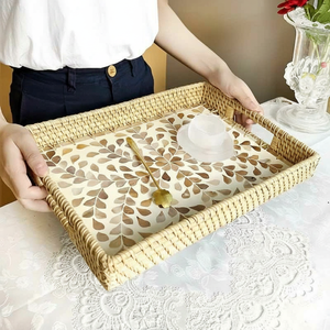 Plateau de service et de rangement en rotin tressé et incrusté de MOP, fait main, de haute qualité, pour le Ramadan, l'Aïd, cadeau festif, plateaux de service pour table. - Product Image 5