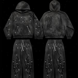 Ensemble sweat à capuche et pantalon de survêtement décontracté à strass, coupe évasée, couleur unie, avec pantalon en molleton ample à double taille, 100% coton, fabrication OEM sur mesure - Product Image 1