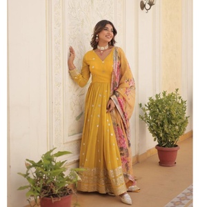High Quality Fatema Fashion Women Wedding Party Wear Unique Design Indian Faux Georgette Gown Dupatta <b>Set</b> Embroidered Zari - Product Image 1