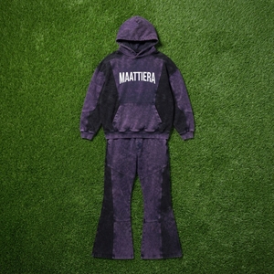 Conjunto de Sudadera con Capucha Morada y Negra con Efecto Ácido y Pantalones de Pierna Ancha para Hombre, Estilo Urbano con Bloques de Color, Ropa Casual Personalizada - Product Image 5