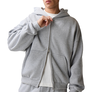 Men's Gray Hooded Zip-Up <b>Tracksuit</b> Set Full Length Loose Fit Cotton Sweatshirt Pants Casual Autumn Wear Solid Color Side Pockets - Product Image 4
