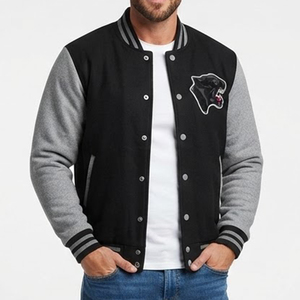 Chaqueta Varsity Negra y Gris para Hombre, Nueva, con Logotipo de Pantera Bordado en el Pecho, Estilo Casual para Otoño, Corte Regular, Cuello Camisero - Product Image 1