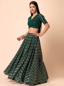 <b>Emerald</b> Green Sequined Chiffon Lehenga Choli V-Neck Sheer Dupatta A-Line Maxi <b>Dress</b> Floral Print Built-in Bra for Evening Wear - Product Image 3