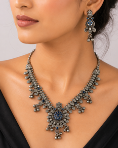Oxidized Silver Lovers Bohemian Jewelry Set Bezel Setting Rhodium Plated Necklace Earring Zircon Women's Anniversary <b>Gift</b> - Product Image 4