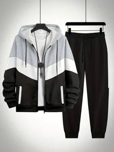 Color Block Hoodie Tracksuit Zip Up Jogger Set Casual Sportswear Sweatshirt and Jogger <b>Pants</b> for Men - Product Image 2