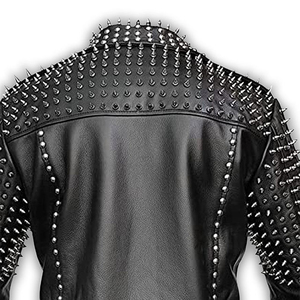 Chaqueta de Cuero Genuino con Tachuelas Plateadas, Estilo Urbano, Ecológica, Impermeable, Color Verde, Hecha a Mano, Estilo Punk con Púas, para Hombre - Product Image 6