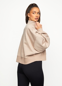 Women's Beige <b>Stand</b> Collar Cropped Sweatshirt Regular Sleeve Knitted Casual Solid Color Autumn Wear - Product Image 1