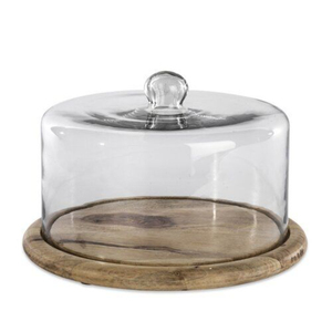 Support à gâteau rond en verre avec base en bois, forme hémisphérique, réutilisable, présentoir à dessert, fait main, en solde - Product Image 2