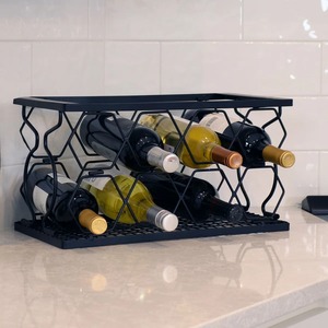 Organisateur de rangement à vin moderne pour comptoir, 8 bouteilles, en fer, sur roulettes, noir, en fil métallique, gain de place, présentoir à vin pliable - Product Image 1