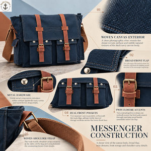 Navy Blue Canvas Crossbody <b>Bag</b> for <b>Men</b> | Vintage Messenger <b>Shoulder</b> <b>Bag</b> with Dual Front Pockets Buckle Straps Wide Carry Belt - Product Image 5