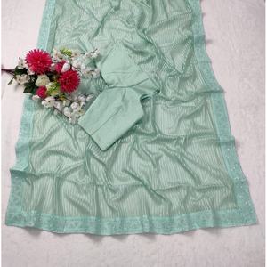 ส่าหรีผ้าชีฟองลายลูกไม้ส่าหรีแต่งตะเข็บเสื้อมิ้นท์ - Product Image 1