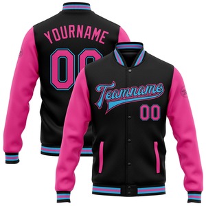 Blouson universitaire personnalisé noir, rose et bleu ciel, vente en gros, bicolore, entièrement boutonné, style bomber, unisexe, pour équipes universitaires, manteau tendance - Product Image 1