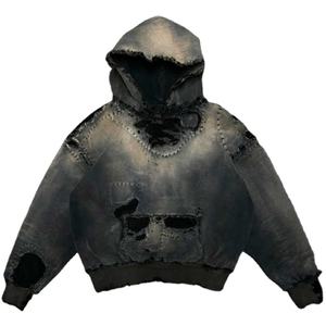 Streetwear déchiré surdimensionné de poids lourd unique pour hommes sweat à capuche personnalisé délavé à l'acide vintage délavé au soleil - Product Image 1