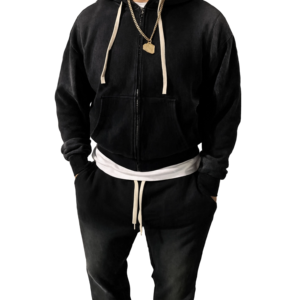Custom Acid Wash <b>Cropped</b> <b>Zip</b> <b>Up</b> Hoodie Tracksuit for Men Vintage Washed Oversized Streetwear Sweatsuit Set - Product Image 4