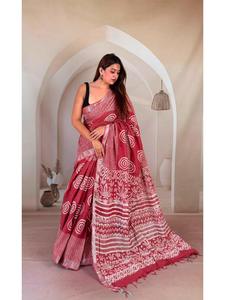 Wholesale NAVRANG ETHNIC Hand Block Printed Linen <b>Saree</b> <b>Blouse</b> Natural Dyed Pure Handmade Fabric Chemical Free Printing Indian - Product Image 1