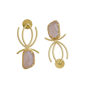 Boucles d'oreilles artisanales en laiton et quartz rose, plaquées or, légères, avec pierres naturelles, vente en gros - Product Image 1