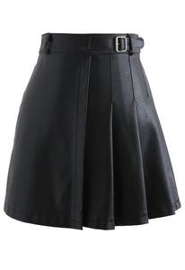 Jupe mini plissée en cuir taille haute pour femme, couleur unie, design brillant, toutes saisons - Product Image 3