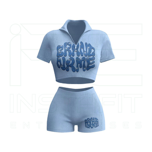 Conjunto de 2 piezas de punto acanalado ligero para mujer: Top corto con cremallera y shorts por encima de la rodilla, ropa deportiva informal de verano - Product Image 4
