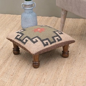 Southwestern Style Square Fabric <b>Pouf</b> With Geometric Pattern And Wooden Legs Handcrafted For Living Room Use - Product Image 3