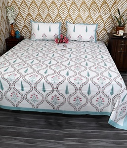 Hand Block Print Floral Cotton Flat Sheet Jaipur Indian Boho Bedding Queen <b>King</b> Handmade <b>Bedspread</b> - Product Image 1