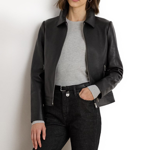 Chaqueta de Motociclista de Cuero Genuino para Mujer, Negra, Manga Larga, Cuello Camisero, Cierre de Cremallera, Estilo Otoñal - Product Image 2