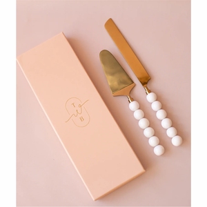 Ensemble de couteaux et spatules à gâteau en acier inoxydable doré, avec manche unique à motif bulles blanches, ustensiles de service pour gâteaux, coffret cadeau, vente en gros - Product Image 1