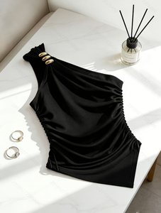Top Halter Negro de Seda para Mujer, Color Sólido, Elegante, Sin Mangas, con Detalle de Botones - Product Image 2