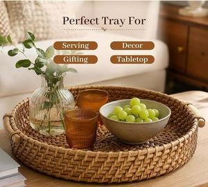 Bandeja de Servicio y Almacenamiento de Lujo Moderna, Personalizada, Tallada en Ratán, Apta para Lavavajillas, con Asas, para Bebidas, Aperitivos, Desayuno - Product Image 4