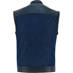 Custom <b>Men's</b> Denim & Genuine Leather Motorcycle Club Vest Stand Collar Snap Front Biker Riding <b>Waistcoat</b> OEM Manufacturer - Product Image 2