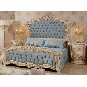 Empire Vintage Style High <b>End</b> Carved <b>Bed</b> Handmade Mahrajana Bedroom Furniture High Gloss Gold Polish Includes Wood Table Chairs - Product Image 5