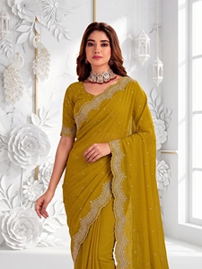 AARA Fashion <b>Yellow</b> Silk <b>Saree</b> Embroidered Border Traditional Indian Wedding Wear for Women Floor-Length Regular Fit Sun - Product Image 4