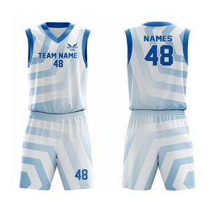 Uniforme de Baloncesto Sublimado Personalizado, Conjunto de Camiseta sin Mangas y Pantalones Cortos con Diseño Geométrico Blanco y Azul, Absorbente de Humedad, Unisex para Adultos - Product Image 1