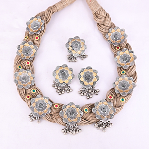 Handcrafted Floral Boho Jute Rope <b>Necklace</b> Earrings & <b>Ring</b> Set for Women 20inches Gift - Product Image 1