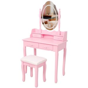 Princess Pink Wooden Makeup Vanity Table with 4 Drawers Light Modes Cushioned Stool for Girls Bedroom Princess Vanity <b>Desk</b> <b>Set</b> - Product Image 2