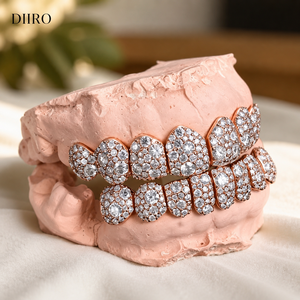 Grillz plaqué or rose avec moissanite taille brillant rond sertie en canal, pour un look glamour en soirée, unisexe - Product Image 1