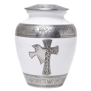 Urne funéraire en aluminium blanc pour adulte, avec gravure de croix et d'oiseau argentés, urne funéraire en métal pour cendres humaines - Product Image 1