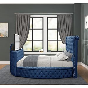 Letto matrimoniale in stile moderno con design trapuntato in cristallo, struttura in legno e rivestimento blu. - Product Image 3