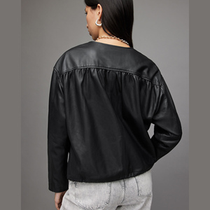 Veste en cuir courte pour femme, design vintage coloré, en cuir PU réversible, imperméable, avec garniture en fourrure de soie et fermeture éclair. - Product Image 4