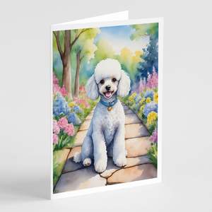Whimsical A7 Size 5x7 <b>White</b> Poodle Spring Path Blank Note Cards Pack of 8 with <b>Envelopes</b> Greeting Cards - Product Image 1
