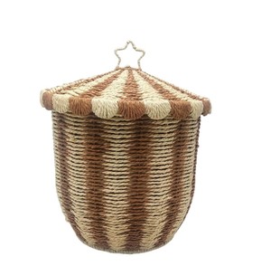 Handwoven Paper Material Kids Toy Storage <b>Basket</b> <b>with</b> <b>Lid</b> Striped Natural Woven Laundry Hamper, Nursery Storage Bin from Vietnam - Product Image 1