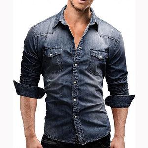 Men's Slim Fit Denim Shirt Long Sleeve Solid Color Turn-<b>down</b> Collar Casual Breathable Washable Full Sleeve Topstitch Design - Product Image 6