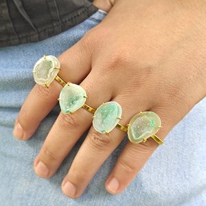 Luxury Fashion Jewelry Mode Joyas Women's 18k Gold Plated Brass Gemstone Raw Green Druzy Agate Punk <b>Adjustable</b> <b>Rings</b> Trendy - Product Image 2